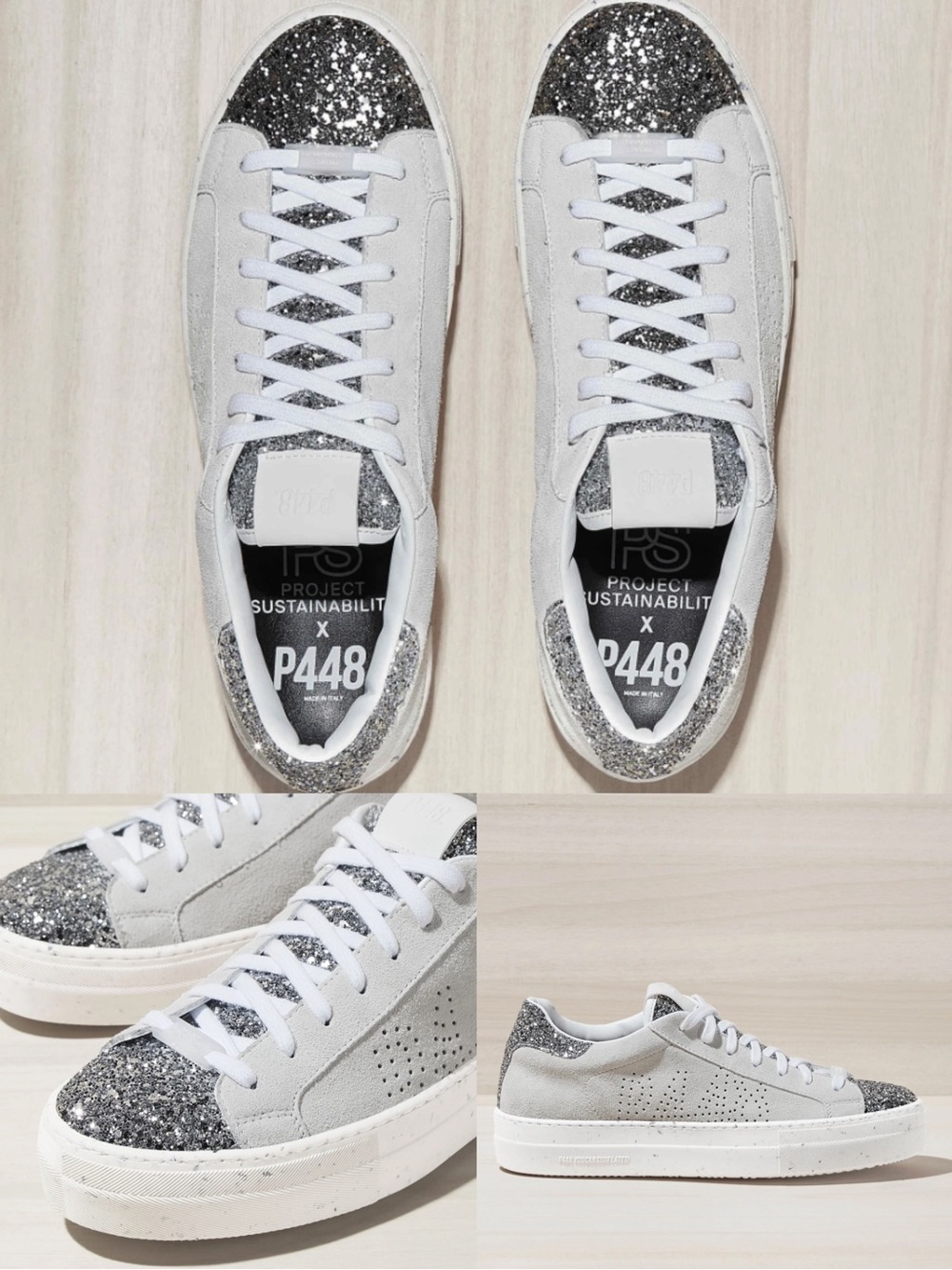 P448 Thea White / Silver Project Sustainability Leather Glitter size 39 New